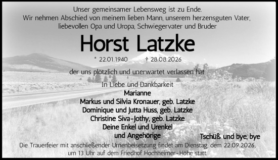 Traueranzeige von Horst Latzke von Wormser Zeitung