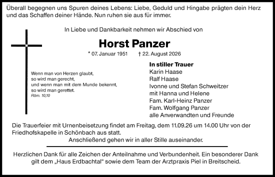 Traueranzeige von Horst Panzer von Dill Block