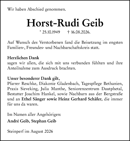 Traueranzeige von Horst-Rudi Geib von Hinterländer Anzeiger