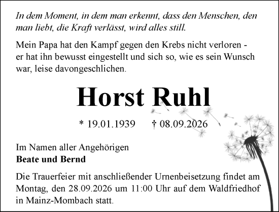 Traueranzeige von Horst Ruhl von Allgemeine Zeitung Mainz