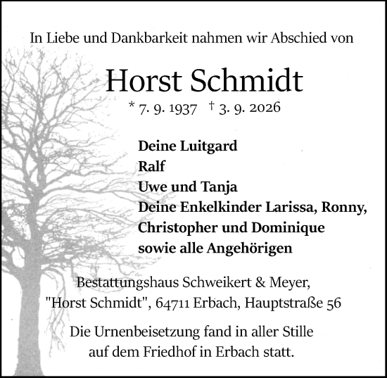 Traueranzeige von Horst Schmidt von Odenwälder Echo