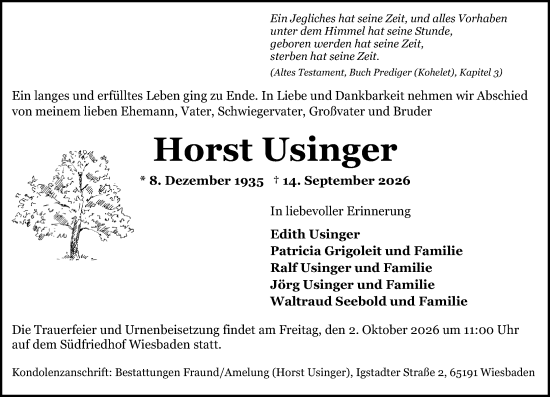 Traueranzeige von Horst Usinger von Wiesbadener Kurier
