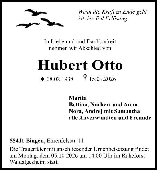 Traueranzeige von Hubert Otto von Allgemeine Zeitung Rheinhessen-Nahe