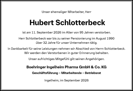 Traueranzeige von Hubert Schlotterbeck von Allgemeine Zeitung Rheinhessen-Nahe