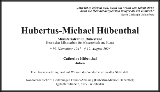 Traueranzeige von Hubertus-Michael Hübenthal von Wiesbadener Kurier