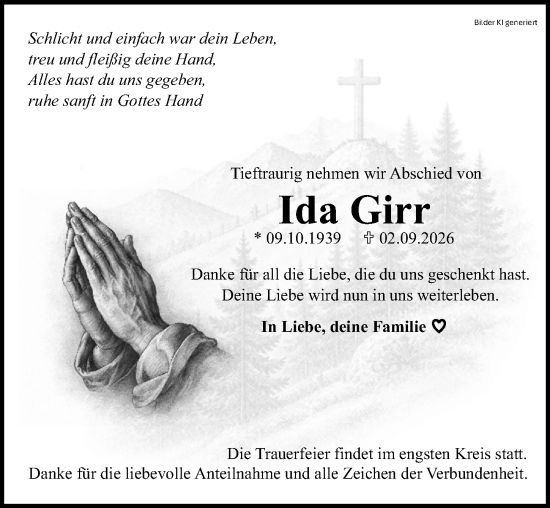 Traueranzeige von Ida Girr von Wetzlarer Neue Zeitung