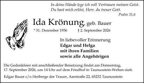 Traueranzeige von Ida Krönung von Idsteiner Land/Untertaunus