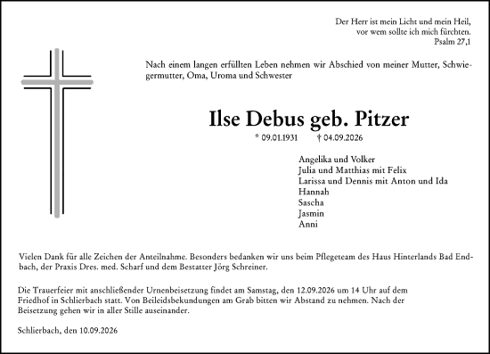 Traueranzeige von Ilse Debus von Hinterländer Anzeiger