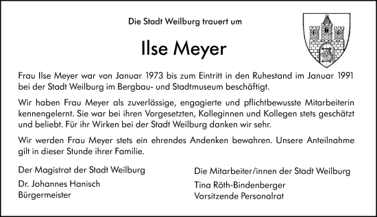 Traueranzeige von Ilse Meyer von Weilburger Tageblatt