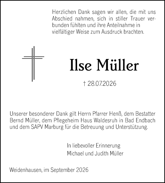 Traueranzeige von Ilse Müller von Hinterländer Anzeiger