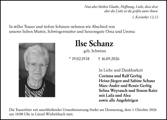 Traueranzeige von Ilse Schanz von Odenwälder Echo