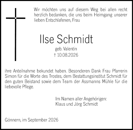 Traueranzeige von Ilse Schmidt von Hinterländer Anzeiger