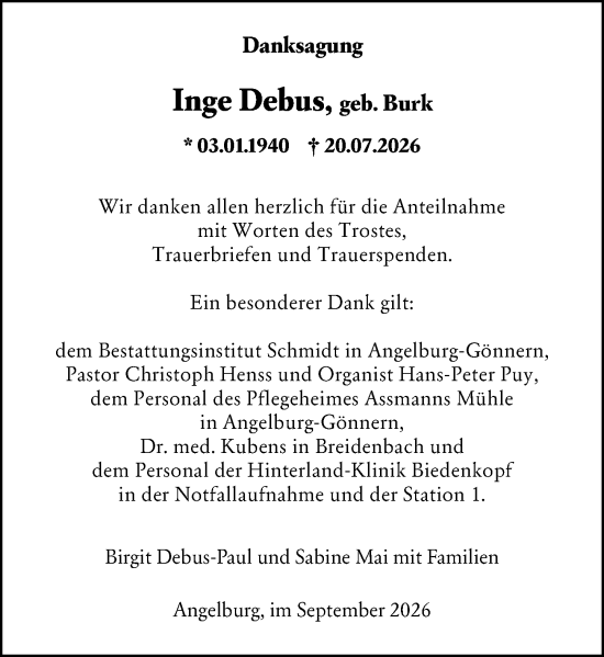 Traueranzeige von Inge Debus von Hinterländer Anzeiger