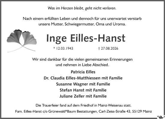 Traueranzeige von Inge Eilles-Hanst von Allgemeine Zeitung Mainz