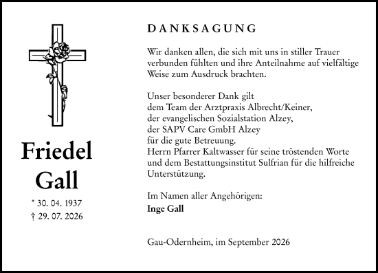 Traueranzeige von Inge Gall von Allgemeine Zeitung Alzey