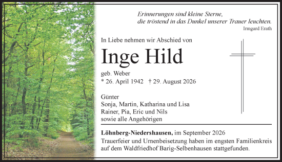Traueranzeige von Inge Hild von Weilburger Tageblatt