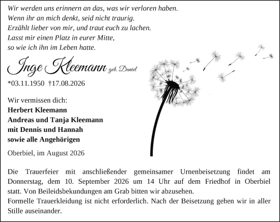 Traueranzeige von Inge Kleemann von Wetzlarer Neue Zeitung
