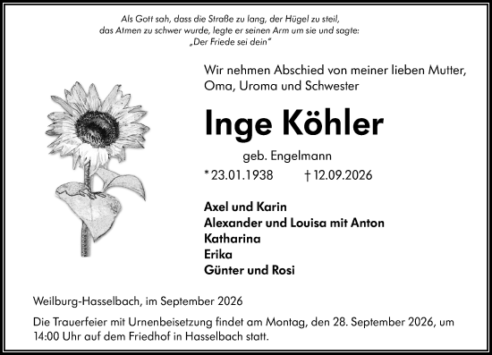 Traueranzeige von Inge Köhler von Weilburger Tageblatt