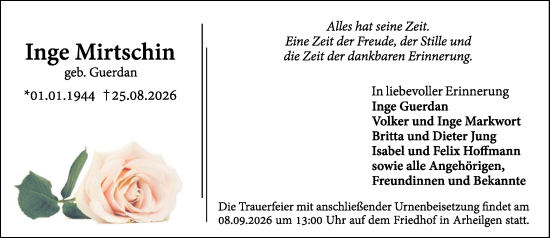 Traueranzeige von Inge Mirtschin von Darmstädter Echo