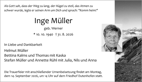 Traueranzeige von Inge Müller von Wetzlarer Neue Zeitung