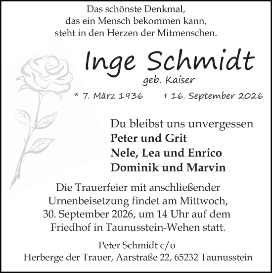 Traueranzeige von Inge Schmidt von Wiesbadener Kurier