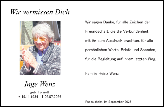 Traueranzeige von Inge Wenz von Rüsselsheimer Echo
