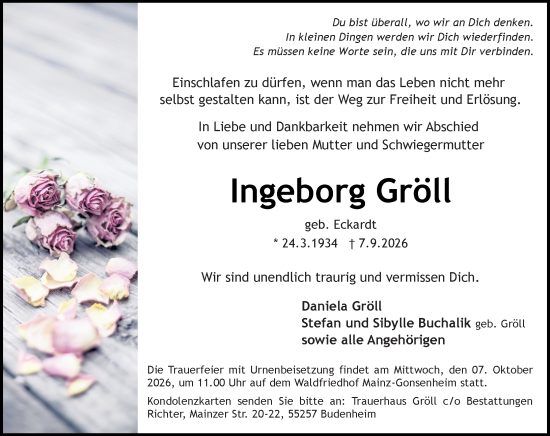 Traueranzeige von Ingeborg Gröll von Allgemeine Zeitung Mainz