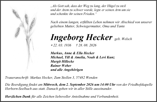Traueranzeige von Ingeborg Hecker von Dill Block