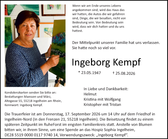 Traueranzeige von Ingeborg Kempf von Allgemeine Zeitung Rheinhessen-Nahe