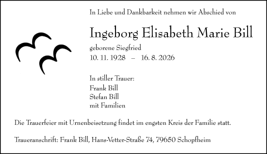 Traueranzeige von Ingeborg Elisabeth Marie Bill von Wetzlarer Neue Zeitung