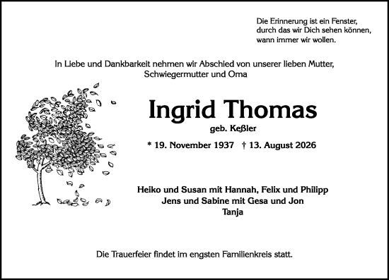 Traueranzeige von Ingrid Thomas von Wiesbadener Kurier