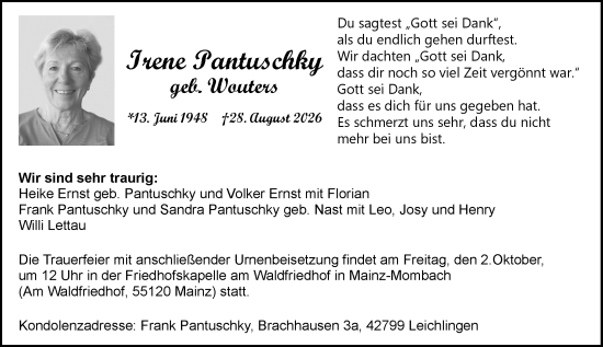 Traueranzeige von Irene Pantuschky von Allgemeine Zeitung Mainz