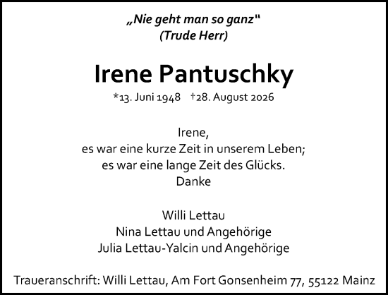 Traueranzeige von Irene Pantuschky von Allgemeine Zeitung Mainz