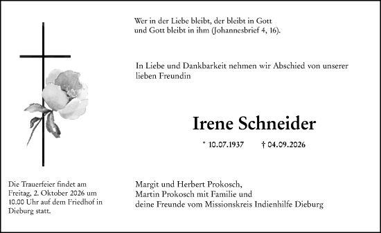 Traueranzeige von Irene Schneider von Dieburger Anzeiger/Groß-Zimmerner Lokal-Anzeiger
