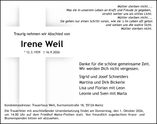 Traueranzeige von Irene Weil von Allgemeine Zeitung Mainz