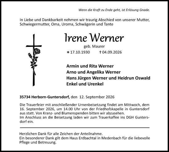 Traueranzeige von Irene Werner von Dill Block