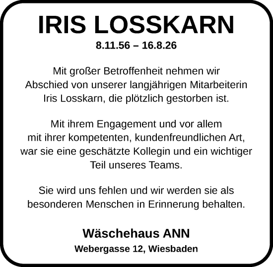 Traueranzeige von Iris Losskarn von Wiesbadener Kurier
