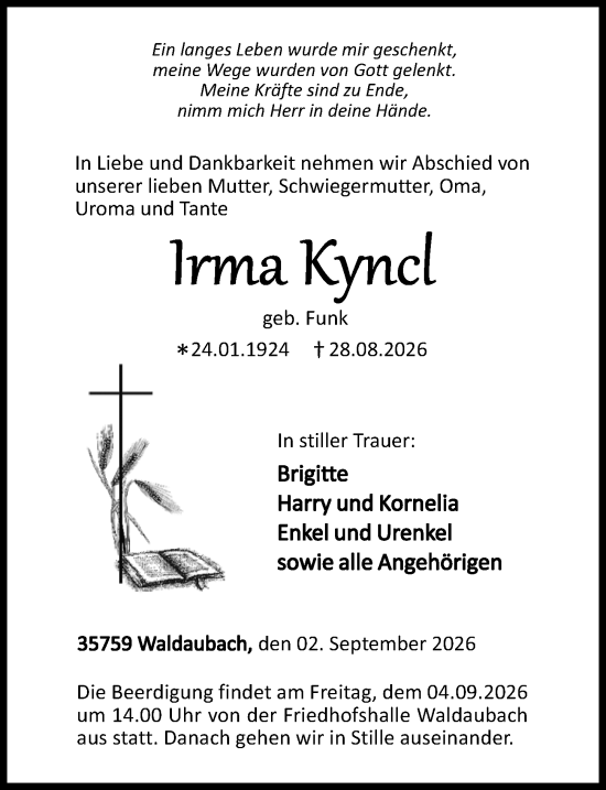 Traueranzeige von Irma Kyncl von Dill Block