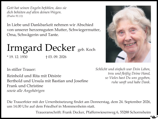 Traueranzeige von Irmgard Decker von Allgemeine Zeitung Mainz