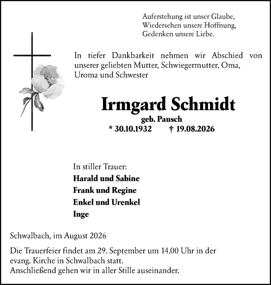 Traueranzeige von Irmgard Schmidt von Wetzlarer Neue Zeitung