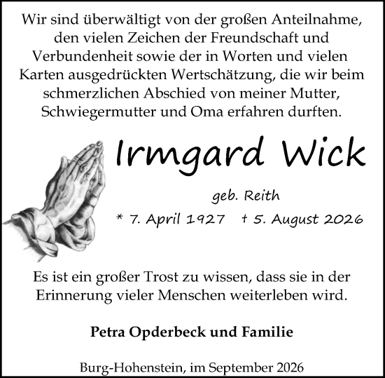 Traueranzeige von Irmgard Wick von Idsteiner Land/Untertaunus