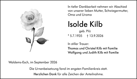 Traueranzeige von Isolde Kilb von Camberger Anzeiger