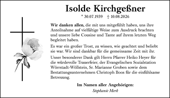 Traueranzeige von Isolde Kirchgeßner von Allgemeine Zeitung Alzey