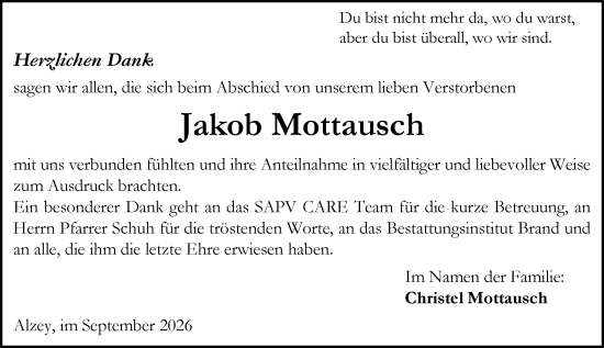 Traueranzeige von Jakob Mottausch von Allgemeine Zeitung Alzey