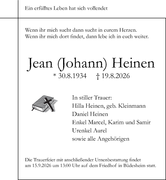 Traueranzeige von Jean   Heinen von Allgemeine Zeitung Rheinhessen-Nahe