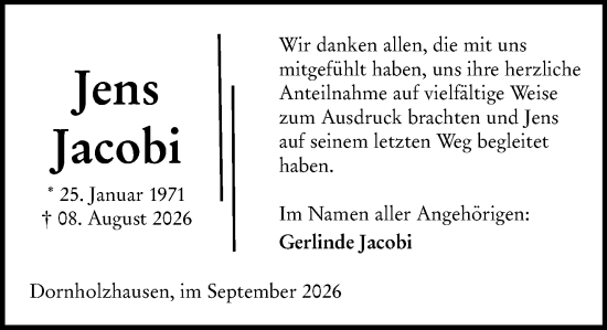 Traueranzeige von Jens Jacobi von Wetzlarer Neue Zeitung