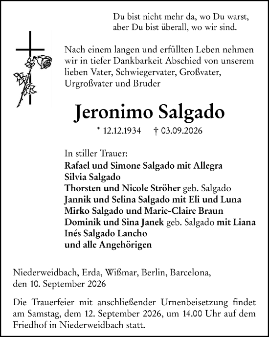 Traueranzeige von Jeronimo Salgado von Wetzlarer Neue Zeitung