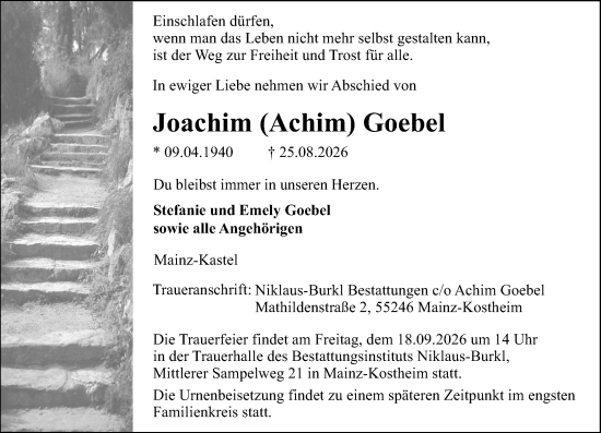 Traueranzeige von Joachim Goebel von Allgemeine Zeitung Mainz