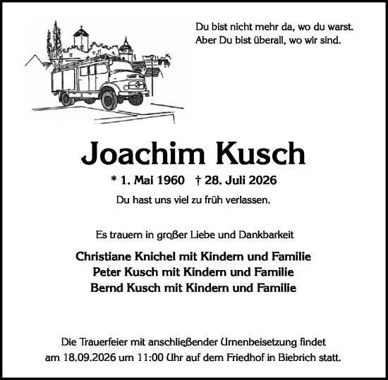 Traueranzeige von Joachim Kusch von Wiesbadener Kurier