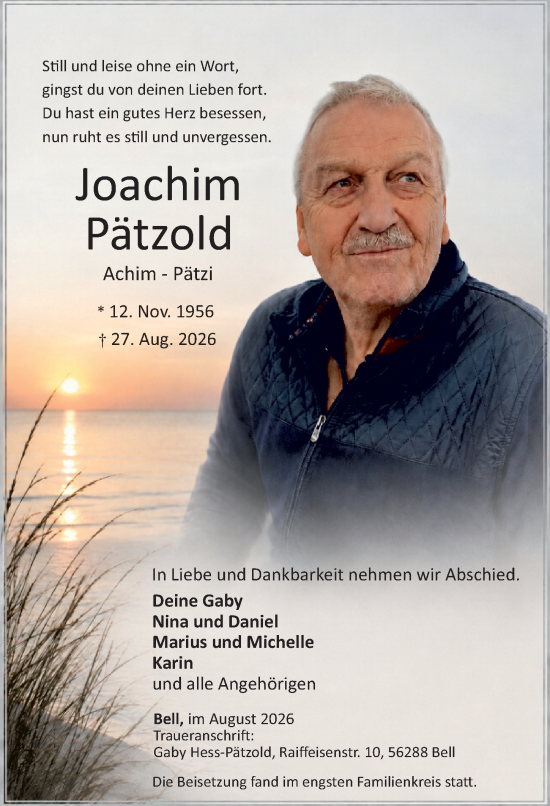 Traueranzeige von Joachim Pätzold von Allgemeine Zeitung Alzey